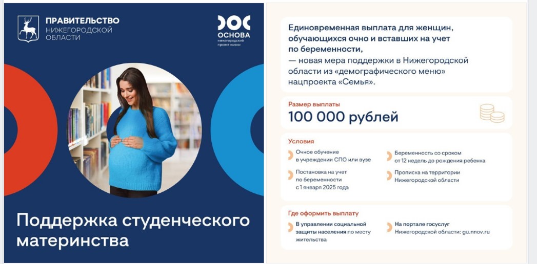 Нижегородские студентки очной формы обучения могут получить 100 тысяч рублей при постановке на учет по беременности начиная с 1 января 2025 года.